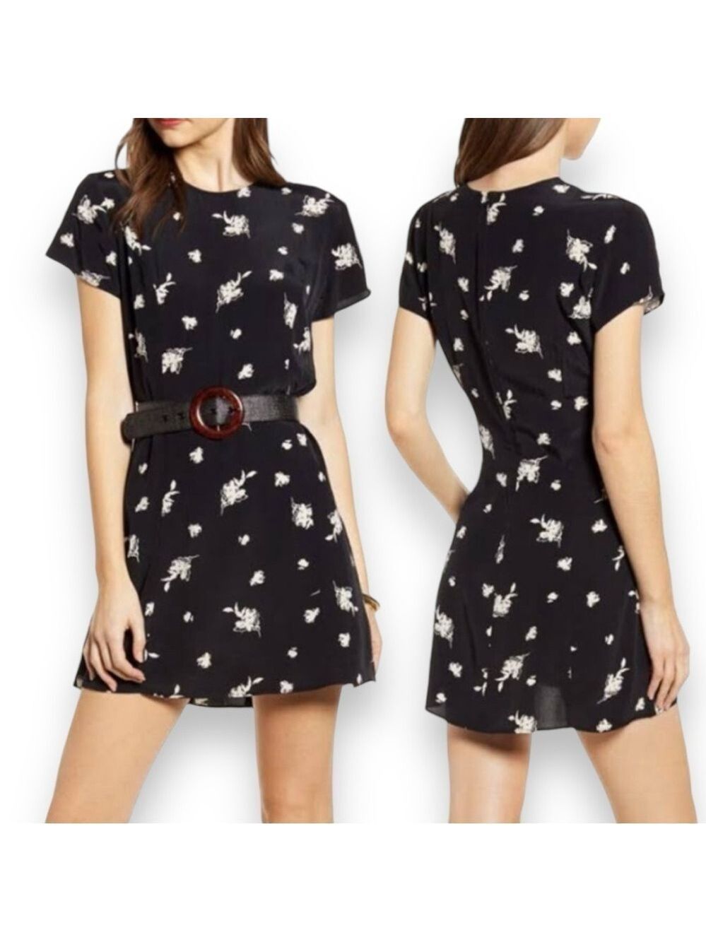 Something Navy Black Cream Floral Easy Flirty Mini Dress - Medium